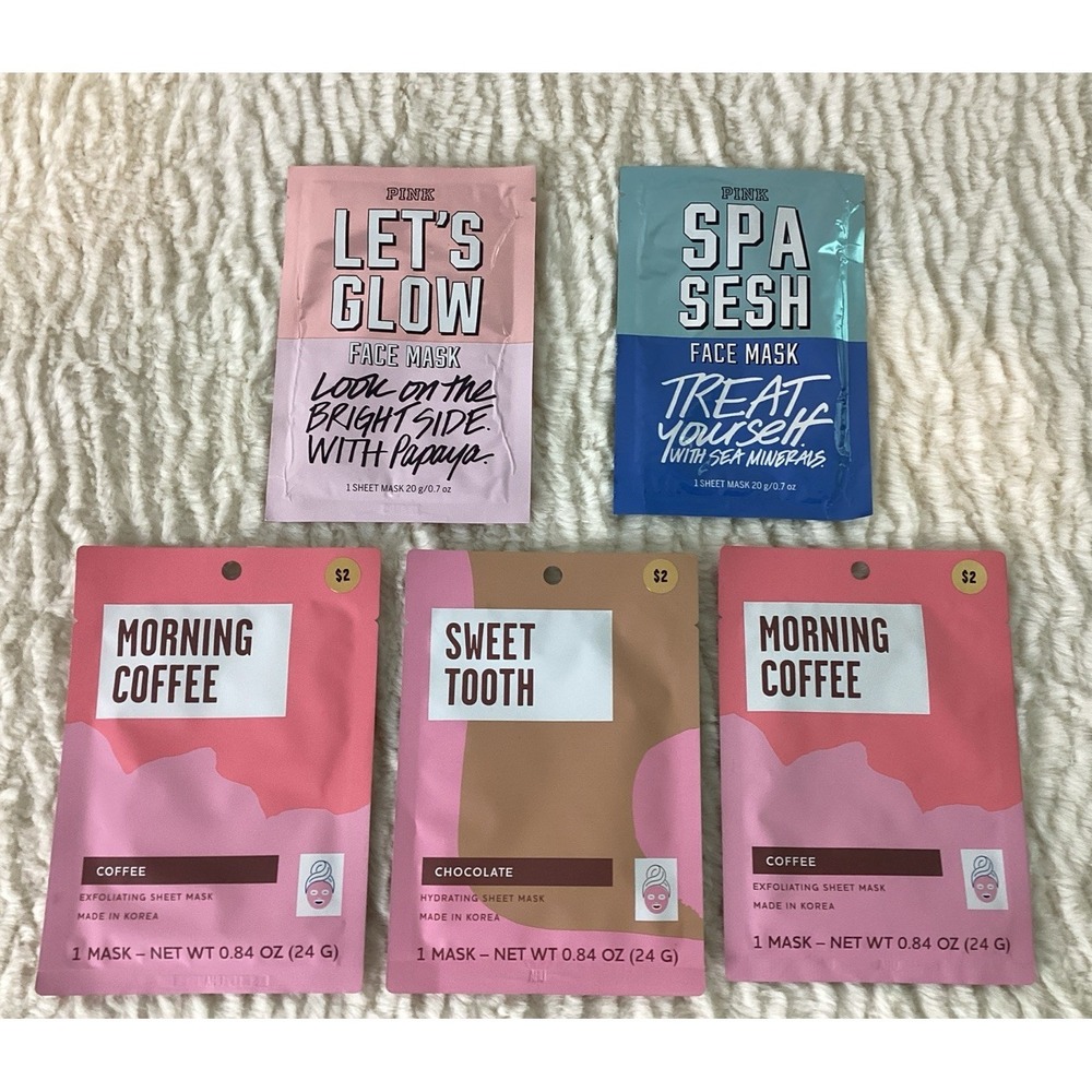 Facial Masks Pink Glow Spa Sweet Coffee Lot of 5 Individual 1 Sheet‎ Packages